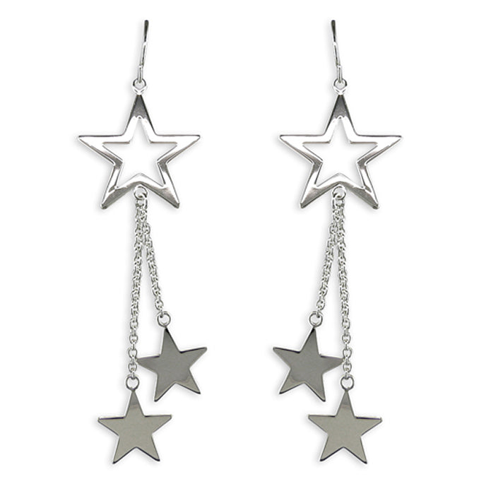 Silver Double Star Chain Drop Earrings
