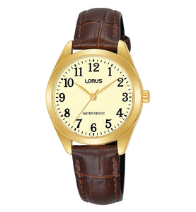 Lorus Ladies Gold Plated Watch With Brown Leather Strap