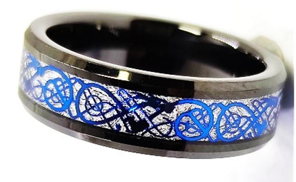 Tungsten Carbide Ring with Black IP Plating and Blue Patterned Inlay