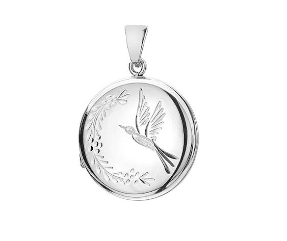 Silver Round Locket with Hummingbird Engraving