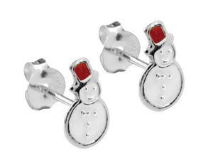 Silver Enamel Snowman Stud Earrings