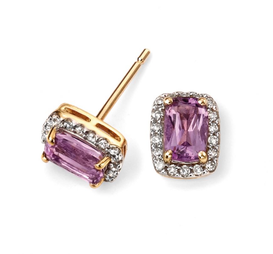 9ct Gold Amethyst and Diamond Oblong Stud Earrings