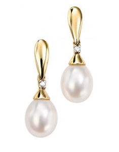 9ct Gold Pearl & Diamond Drop Earrings