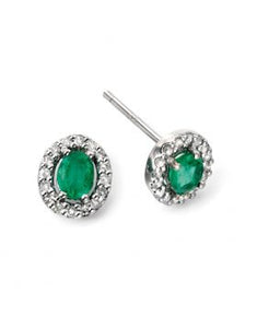 9ct White Gold Emerald & Diamond Oval Halo Stud Earrings