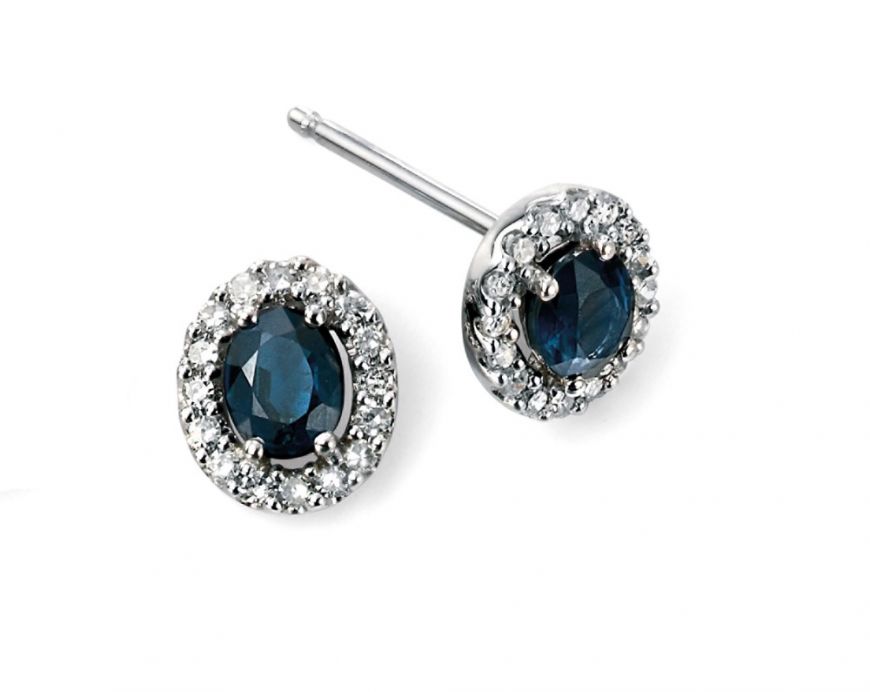 9ct White Gold Sapphire & Diamond Oval Halo Stud Earrings