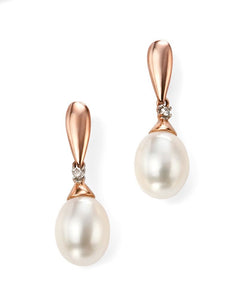 9ct Rose Gold Freshwater Pearl and Diamond Drop Earrings