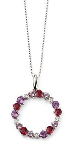 9ct White Gold Amethyst, Garnet & Diamond Circle Pendant & Chain