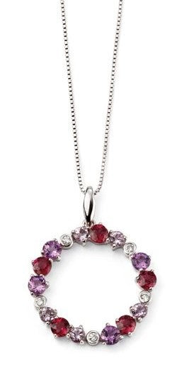9ct White Gold Amethyst, Garnet & Diamond Circle Pendant & Chain
