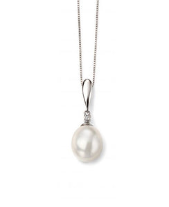 9ct White Gold Pearl & Diamond Drop Pendant