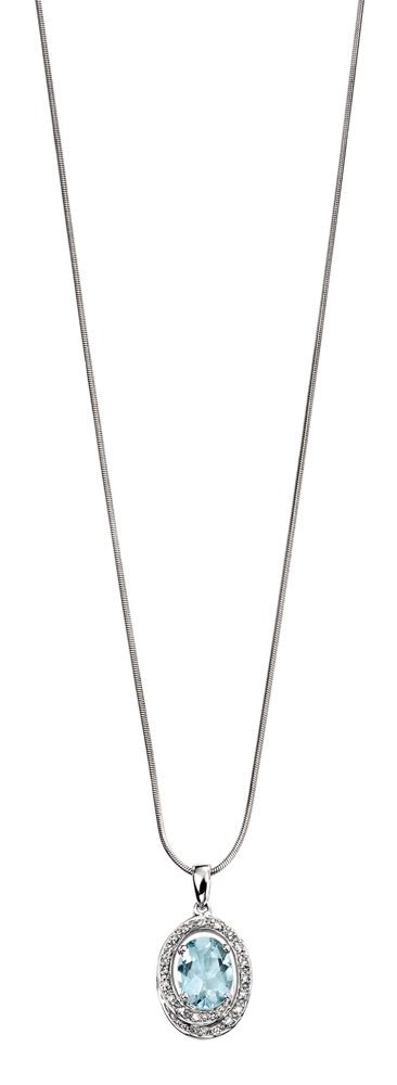 9ct White Gold Oval Aquamarine & Diamond Swirl Necklace