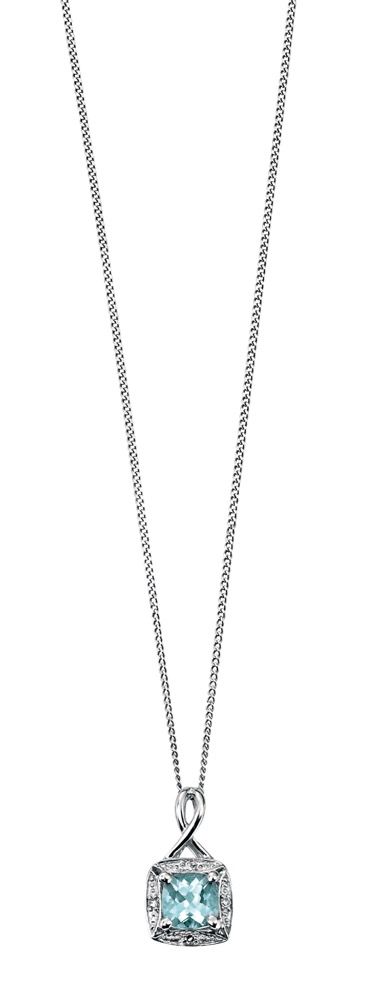 9ct White Gold Aquamarine & Diamond Cushion shaped Pendant