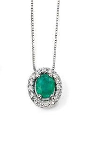 9ct White Gold Emerald & Diamond Oval Halo Pendant with Chain