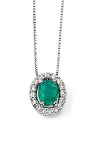 9ct White Gold Emerald & Diamond Oval Halo Pendant with Chain
