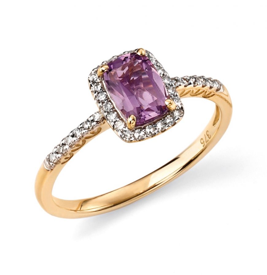 9ct Gold Amethyst and Diamond Oblong Halo Cluster Ring