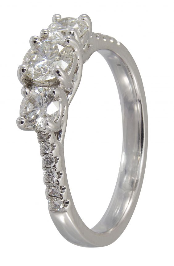 18ct White Gold Diamond Trilogy Ring with Diamond set Shoulders 0.77ct