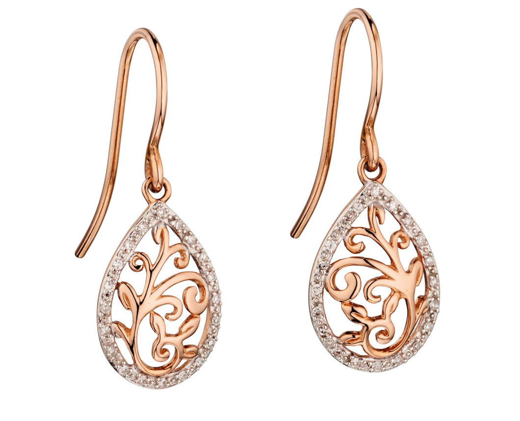 9ct Rose Gold Diamond Filigree Drop Earrings